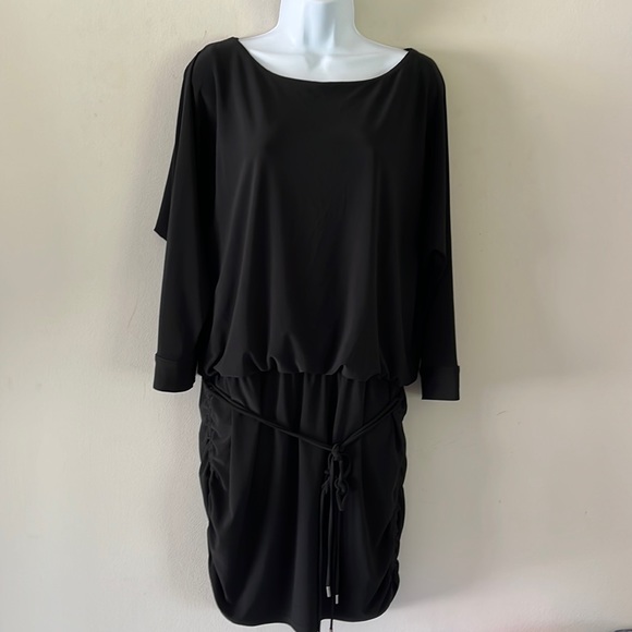 White House Black Market Black Split-Sleeve Jersey Knit Dress L - Picture 1 of 7